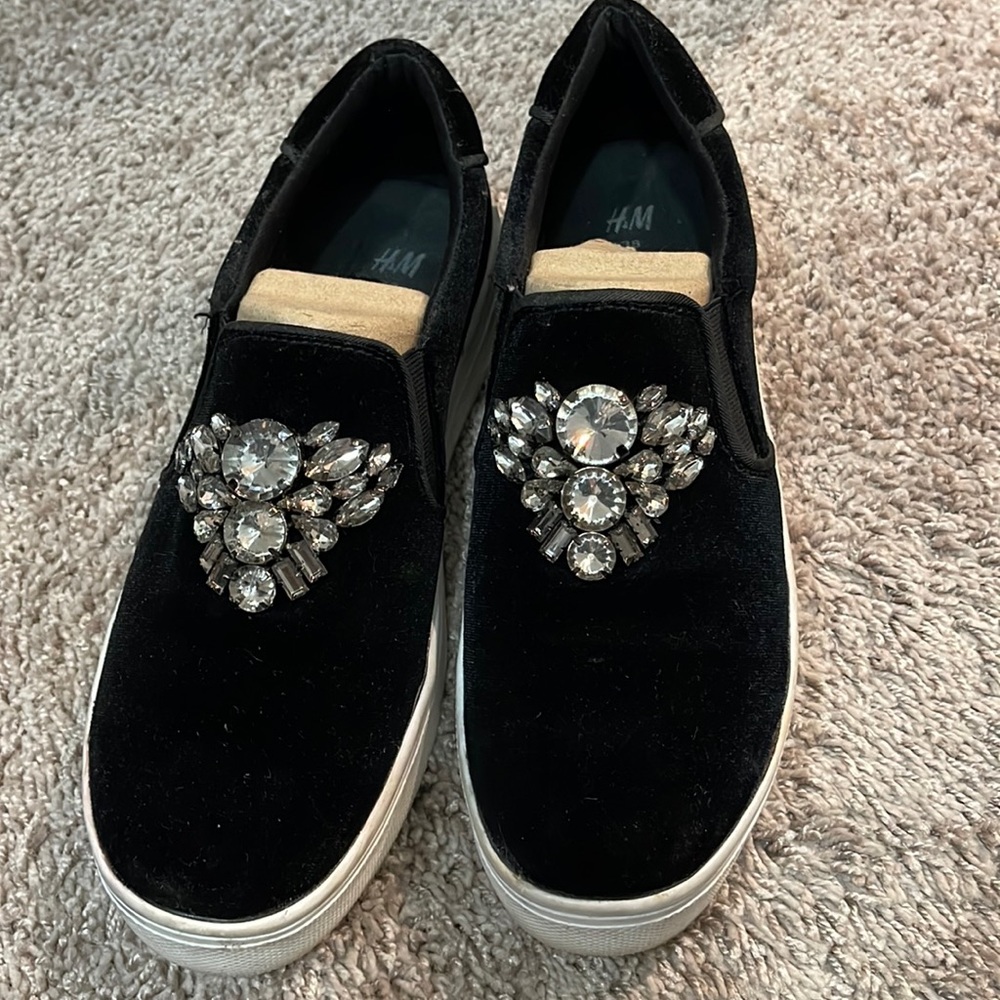 Black Velvet Loafers with Crystal Embellishments. Comfortable walking shoes